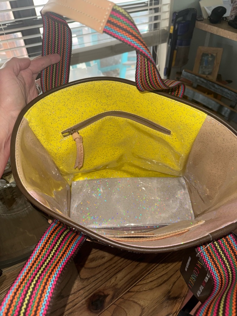 Gorgeous Consuela Multi Color Holographic Glitter Tote with Striped Handles - Picture 11 of 13